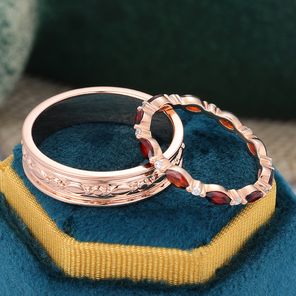Juyoyo Marquise Cut Garnet Eternity Wedding Band Set Couple Rings Set for Men and Women - 2pcs