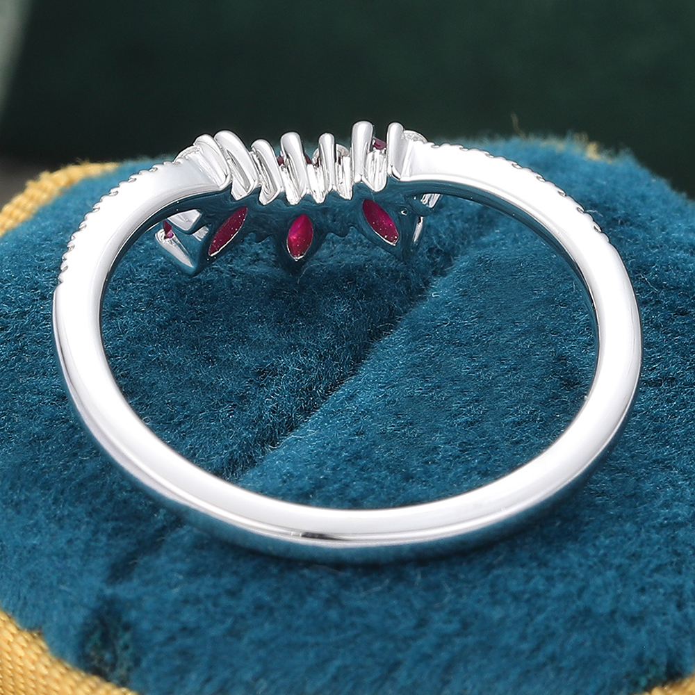 Juyoyo Ruby Curved Wedding Band Diamond Pave White Gold Stacking Ring for Women