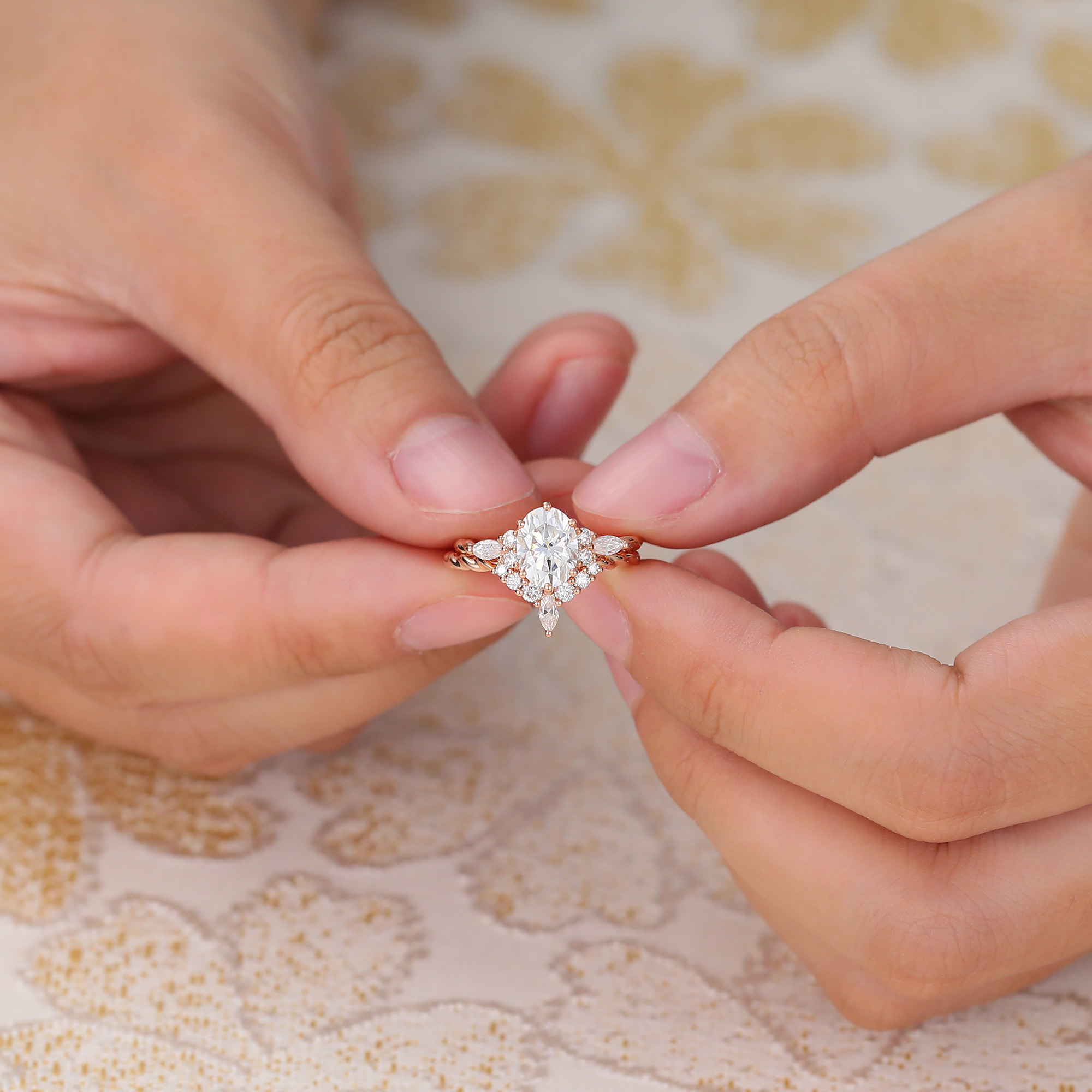 Juyoyo Vintage Oval Moissanite & Diamond Wedding Ring Set Twisted Band Engagement Ring Set - 2pcs