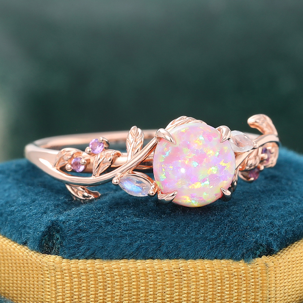 Juyoyo Round Cut Pink Opal Ring Nature Inspired Leaf Engagement Ring 14K Rose Gold
