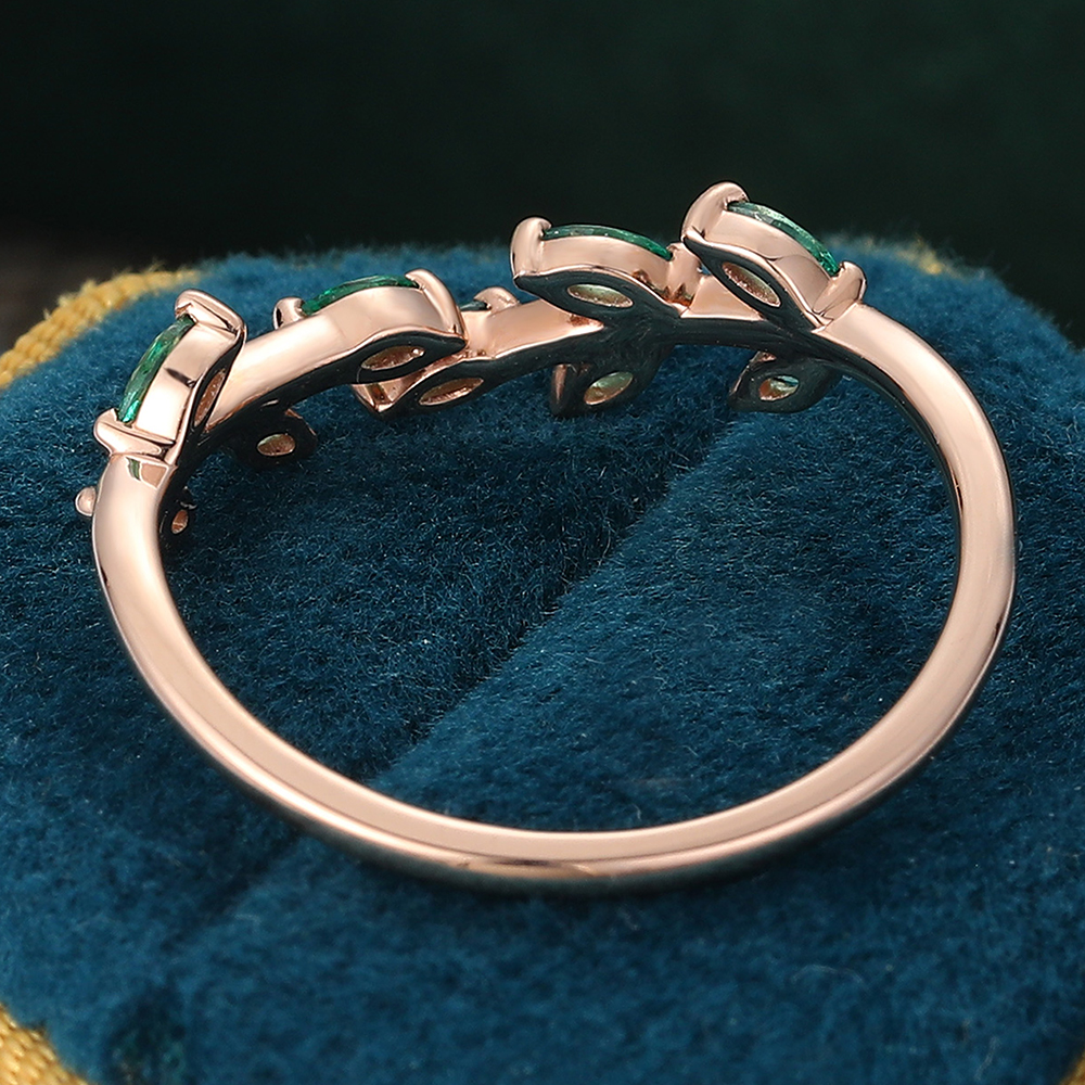 Juyoyo Marquise Cut Emerald Curved Wedding Band Leaf Nature Inspired Stacking Ring Rose Gold