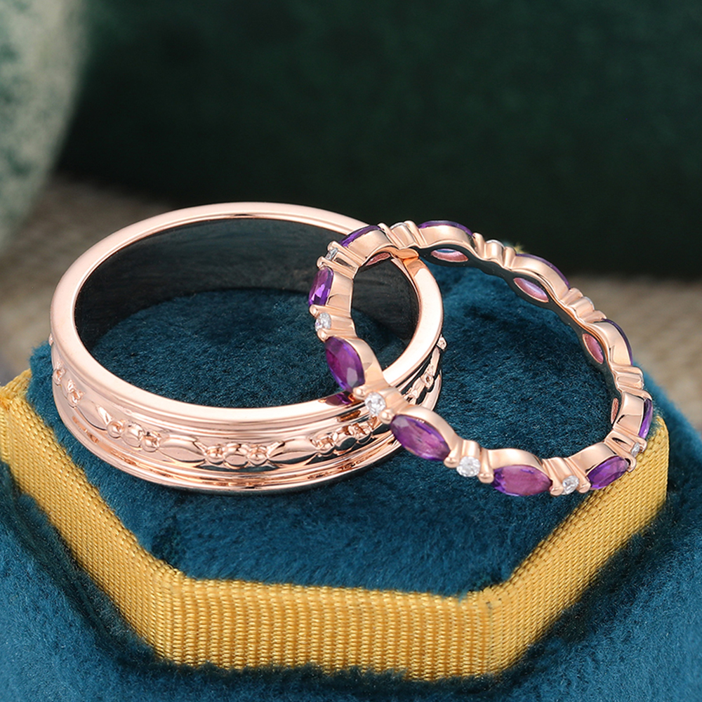 Juyoyo Marquise Amethyst & Round Moissanite Bridal Ring Set Couple Rings for Men and Women - 2pcs