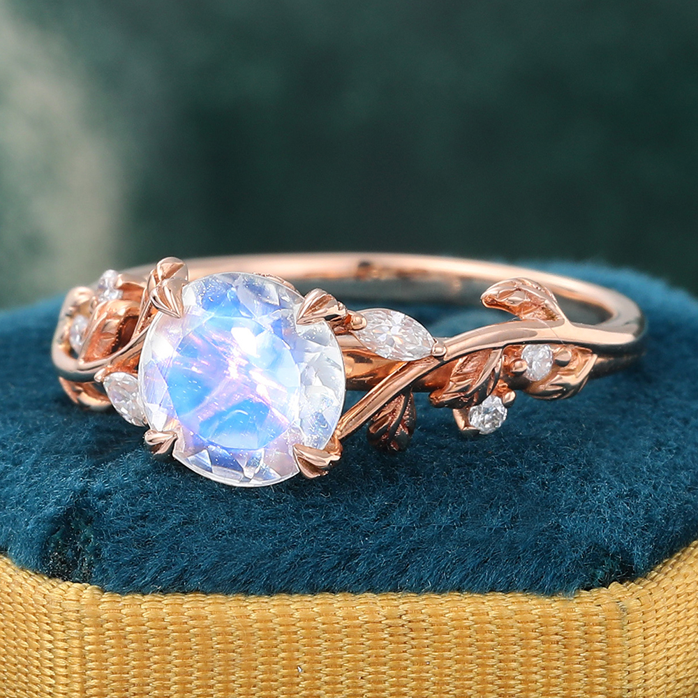 Juyoyo Nature-Inspired Round Moonstone Vine Engagement Ring with Moissanite Accents