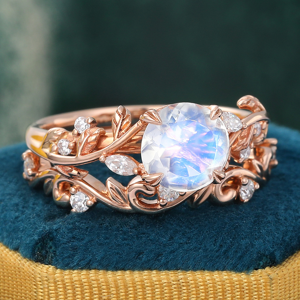 Unique Moonstone Ring, Art Deco Moonstone Engagement Ring, Rose Gold Twisted Ring, hot Antique Rainbow Moonstone Wedding Ring, Anniversary Ring,