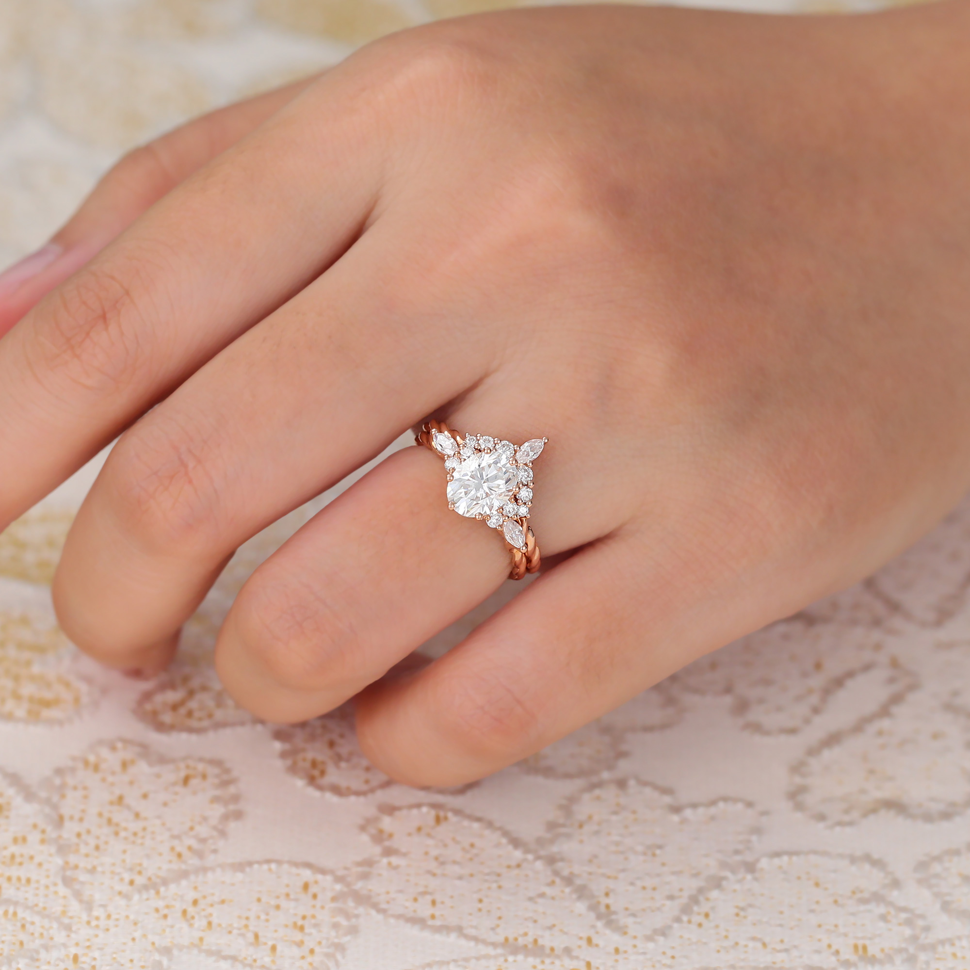 Juyoyo Vintage Oval Moissanite & Diamond Wedding Ring Set Twisted Band Engagement Ring Set - 2pcs