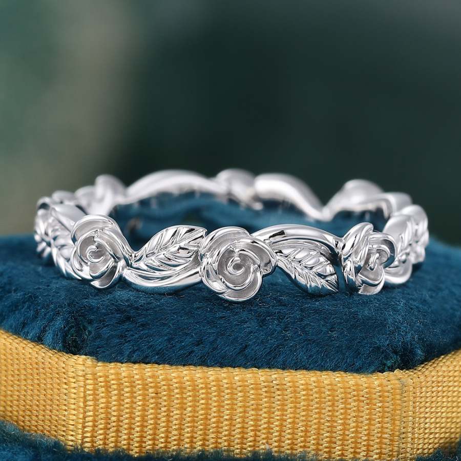 White Gold Simple Matching Wedding Band Foliage Stacking Ring Nature Inspired Ring