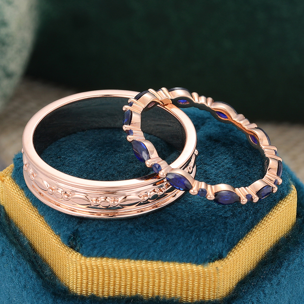 Juyoyo Marquise Sapphire Bridal Ring Set Eternity Wedding Band Wide Double Bands Rose Gold