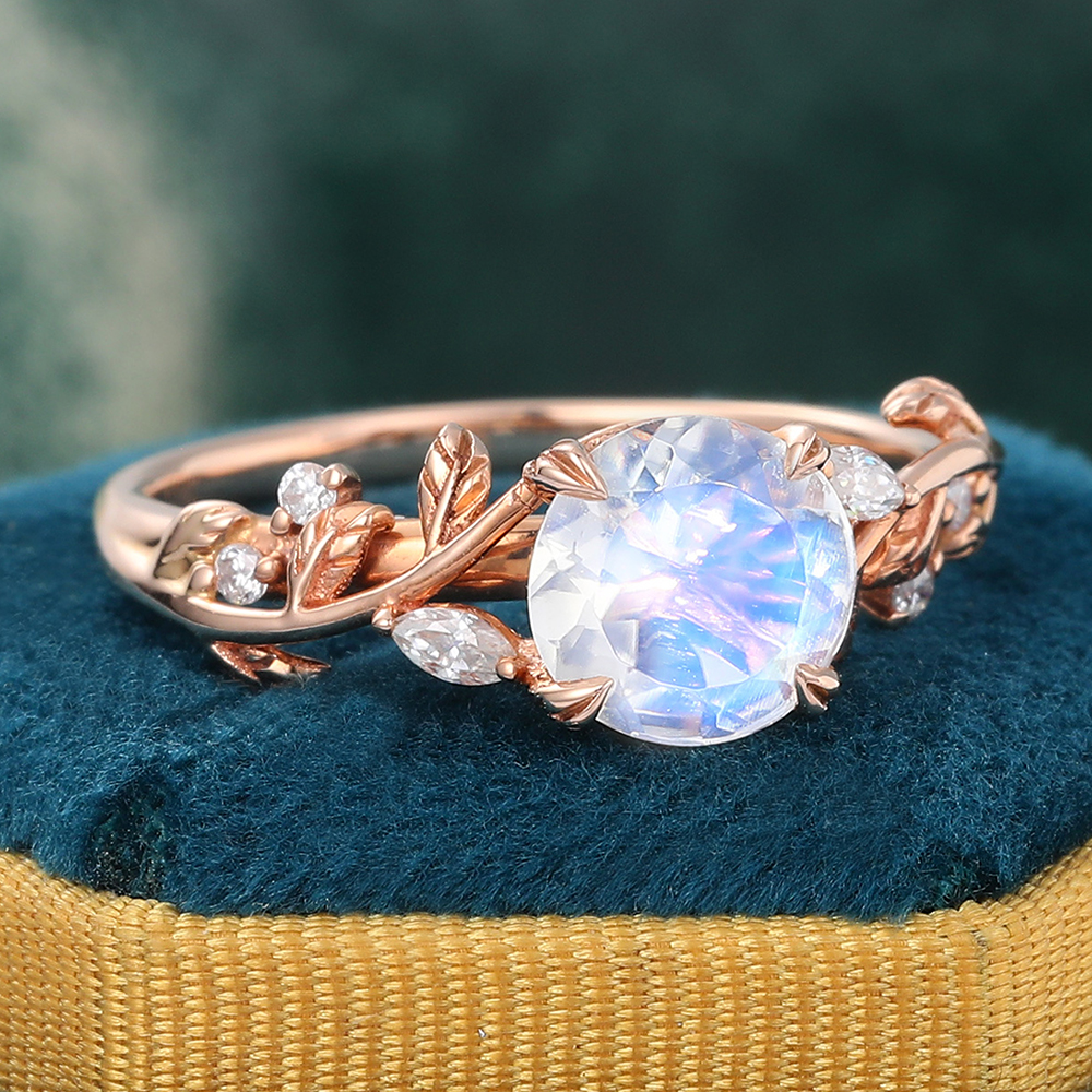 Juyoyo Nature-Inspired Round Moonstone Vine Engagement Ring with Moissanite Accents