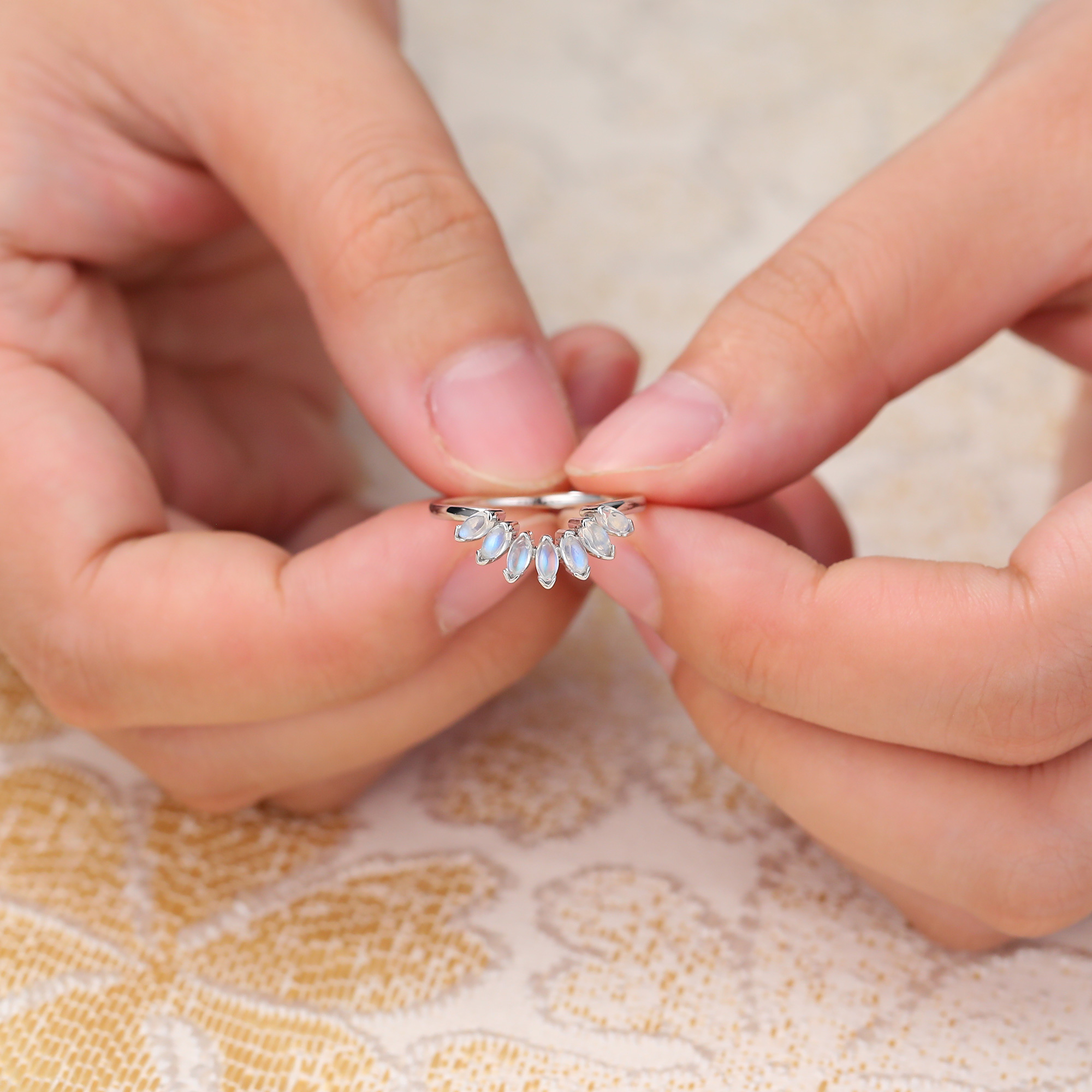 Juyoyo Unique Blue Moonstone Crown Curved Stacking Wedding Ring