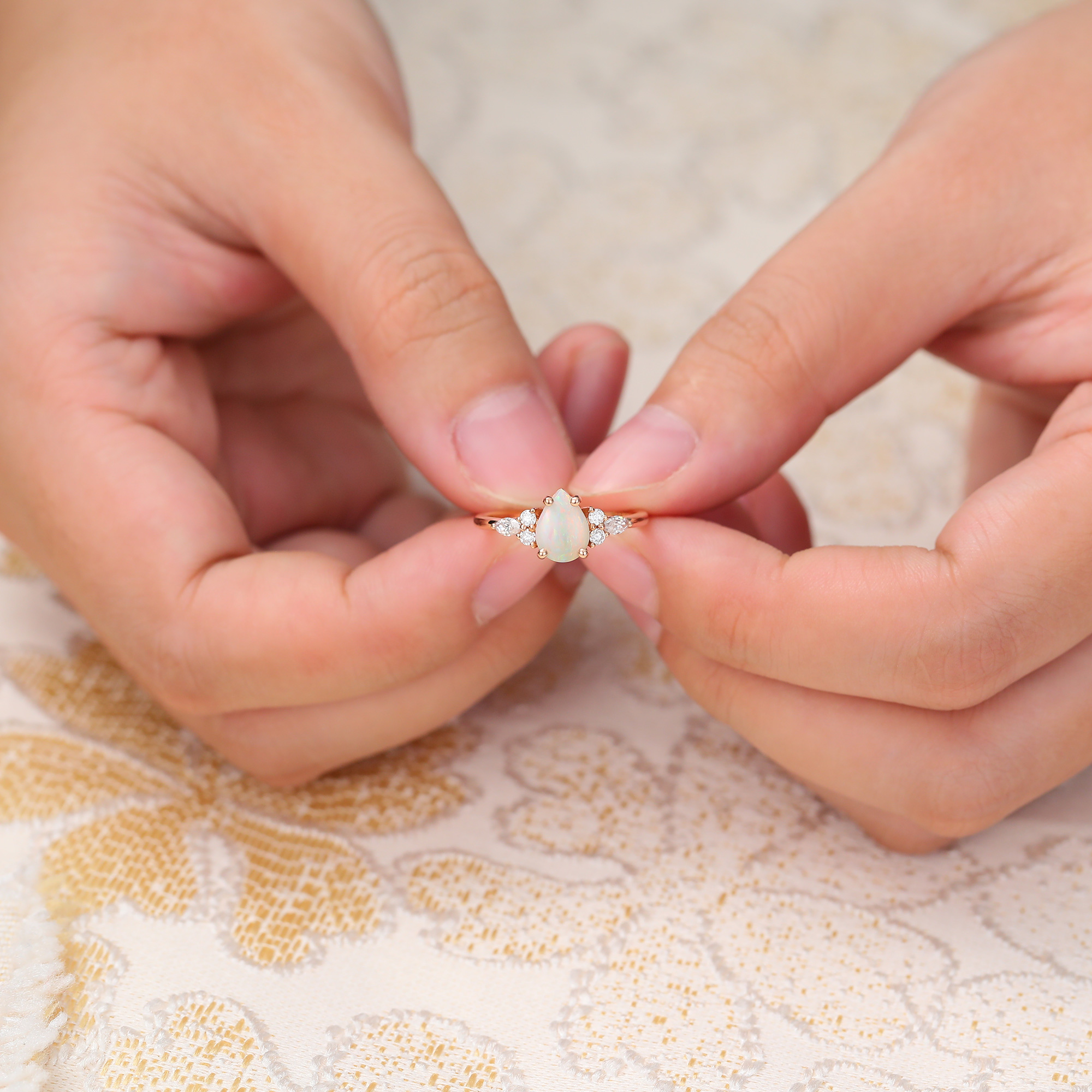 Juyoyo Classic Pear Opal Engagement Ring with Diamond Cluster Accents