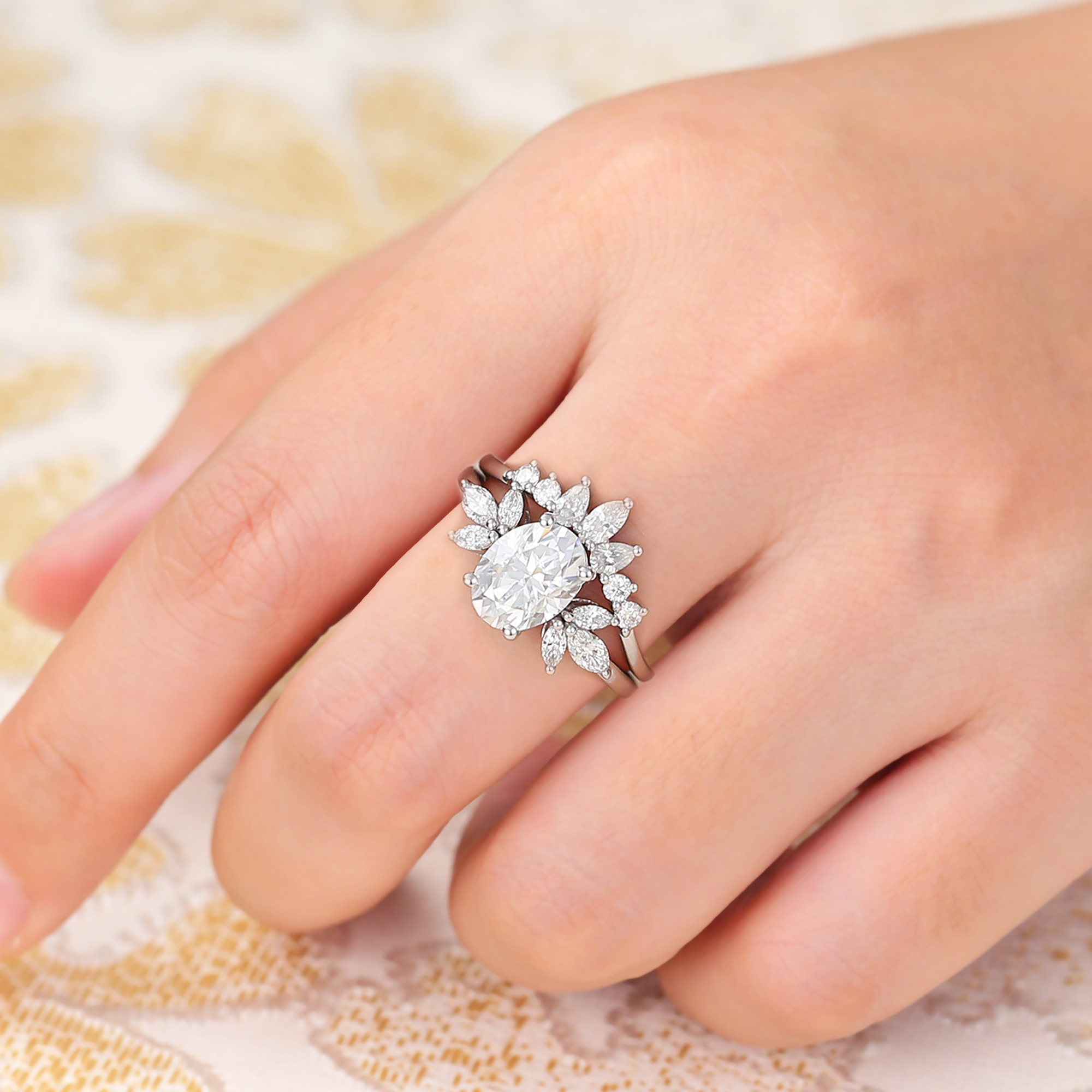 Juyoyo Dainty Oval Moissanite Bridal Ring Set White Gold Diamond Cluster Engagement Ring Set