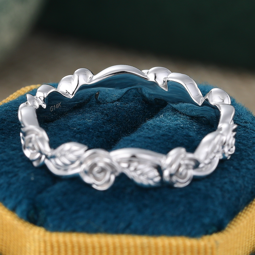 Juyoyo White Gold Simple Matching Wedding Band Foliage Stacking Ring Nature Inspired Ring