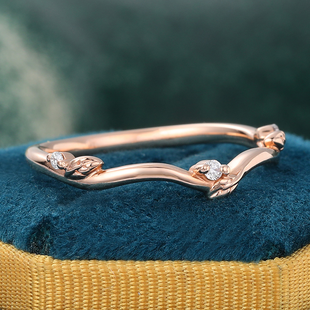 Juyoyo Moissanite Bridal Mounted with Diamond Side Stones Curved Wedding Band 14K Rose Gold