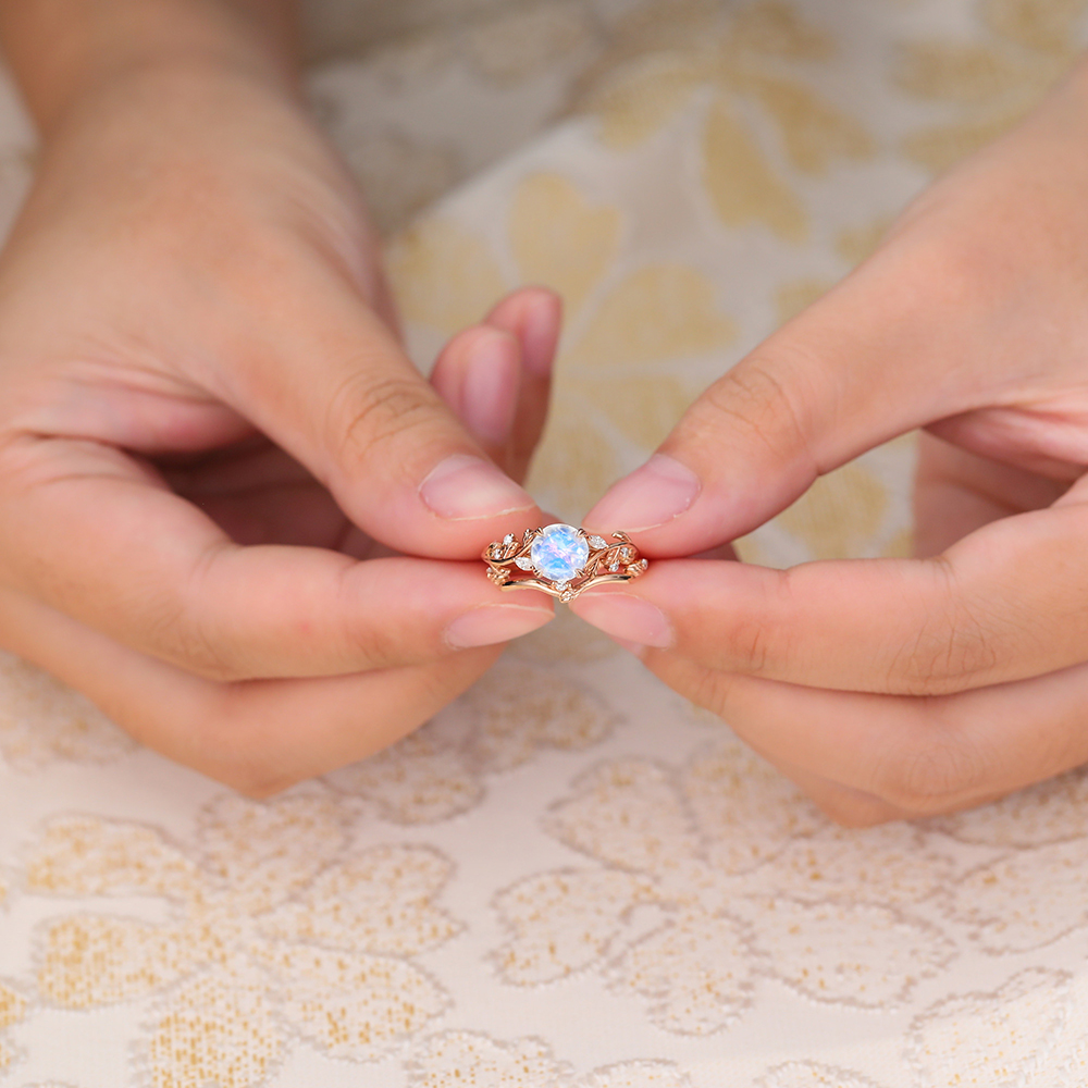 Juyoyo Nature Inspired Vine and Leaf Moonstone Engagement Ring Set - 2pcs