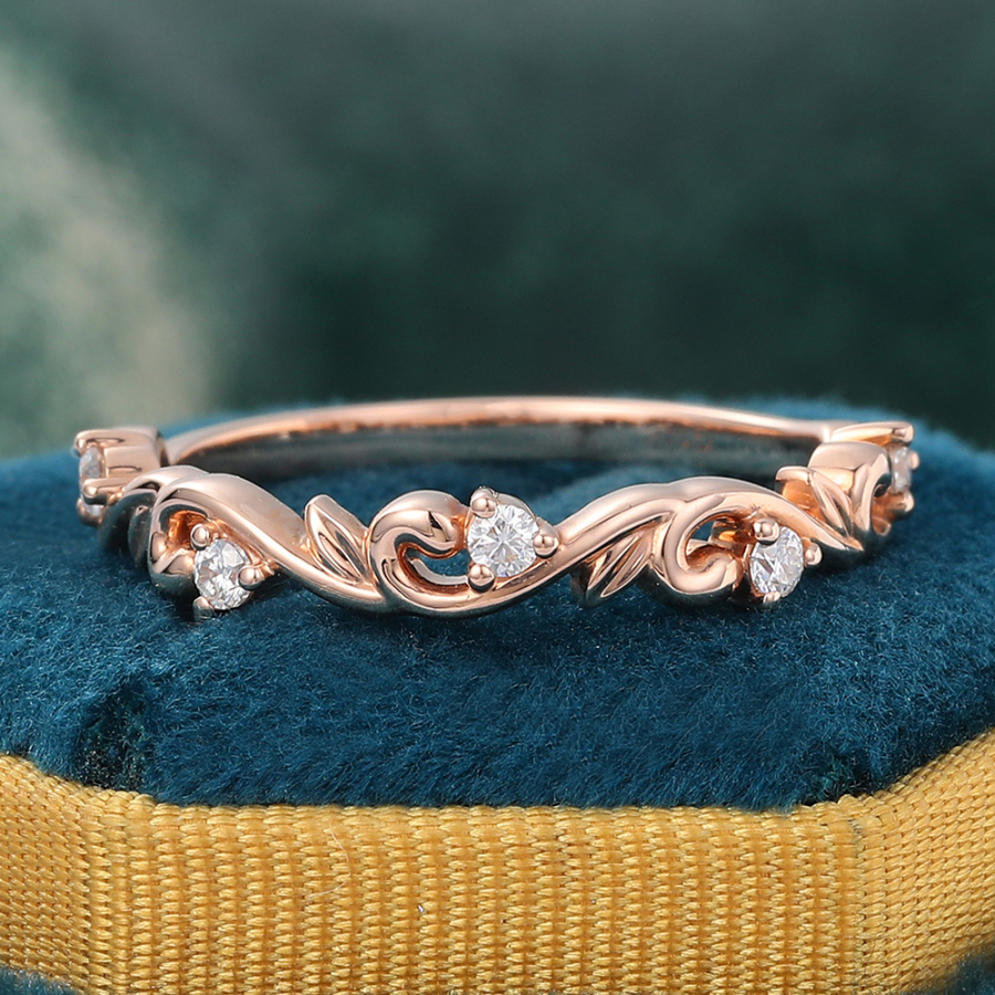 Round Cut Natural Diamond Rose Gold Leaf Shaped Unique Anniversary Wedding Band