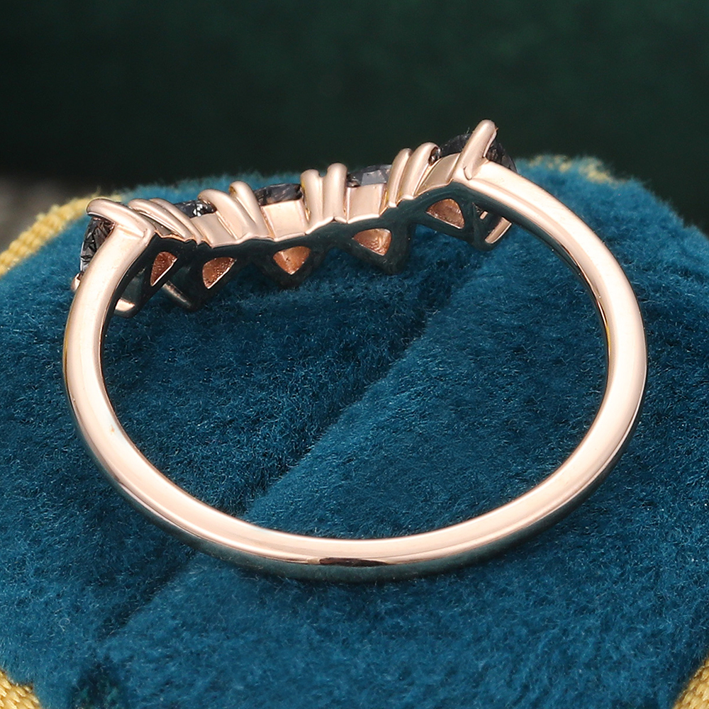 Juyoyo Trillion Cut Black Quartz Rutilated Ring Curved Wedding Band Gold Stacking Ring