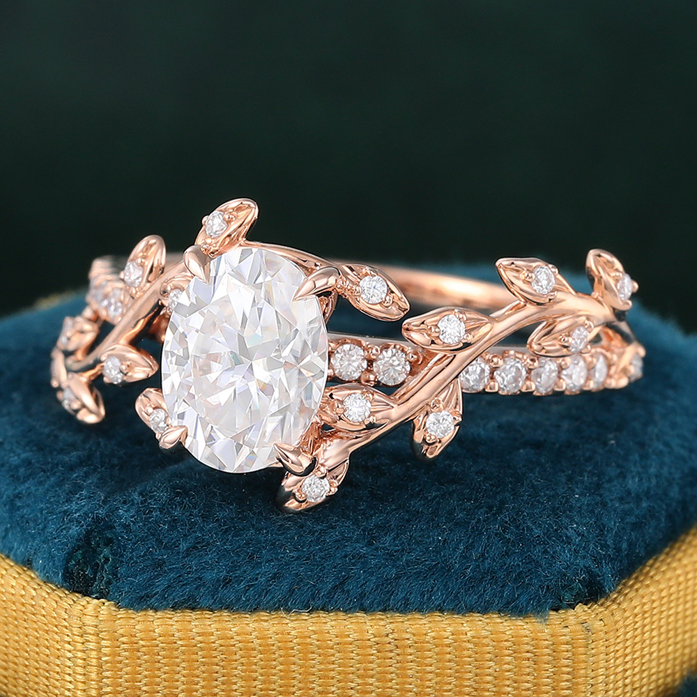Juyoyo Unique Oval Cut Moissanite Anniversary Ring Nature Inspired Engagement Ring 14K Rose Gold