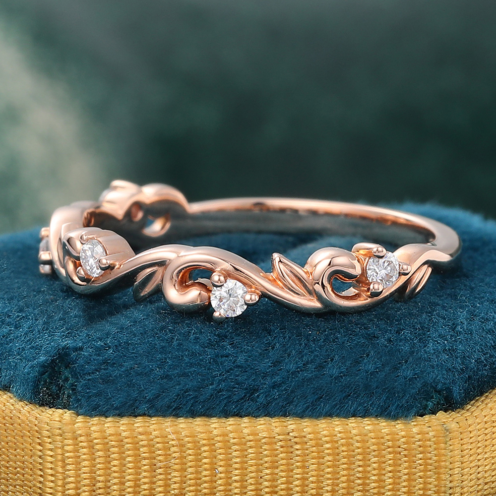 Juyoyo Round Cut Natural Diamond Rose Gold Leaf Shaped Unique Anniversary Wedding Band