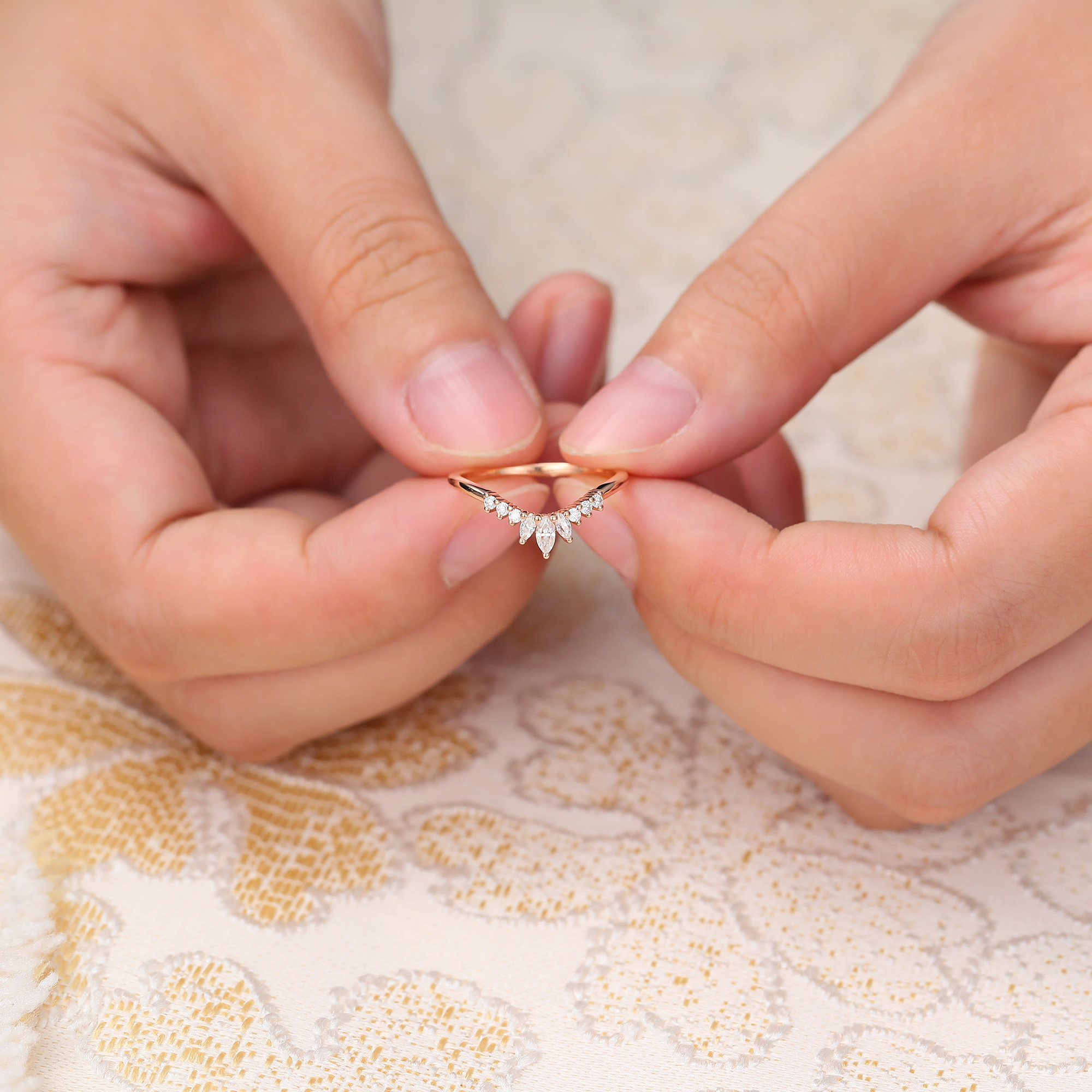 Juyoyo Tiara Moissanite Curved Wedding Band Stacking Ring for Women in Rose Gold