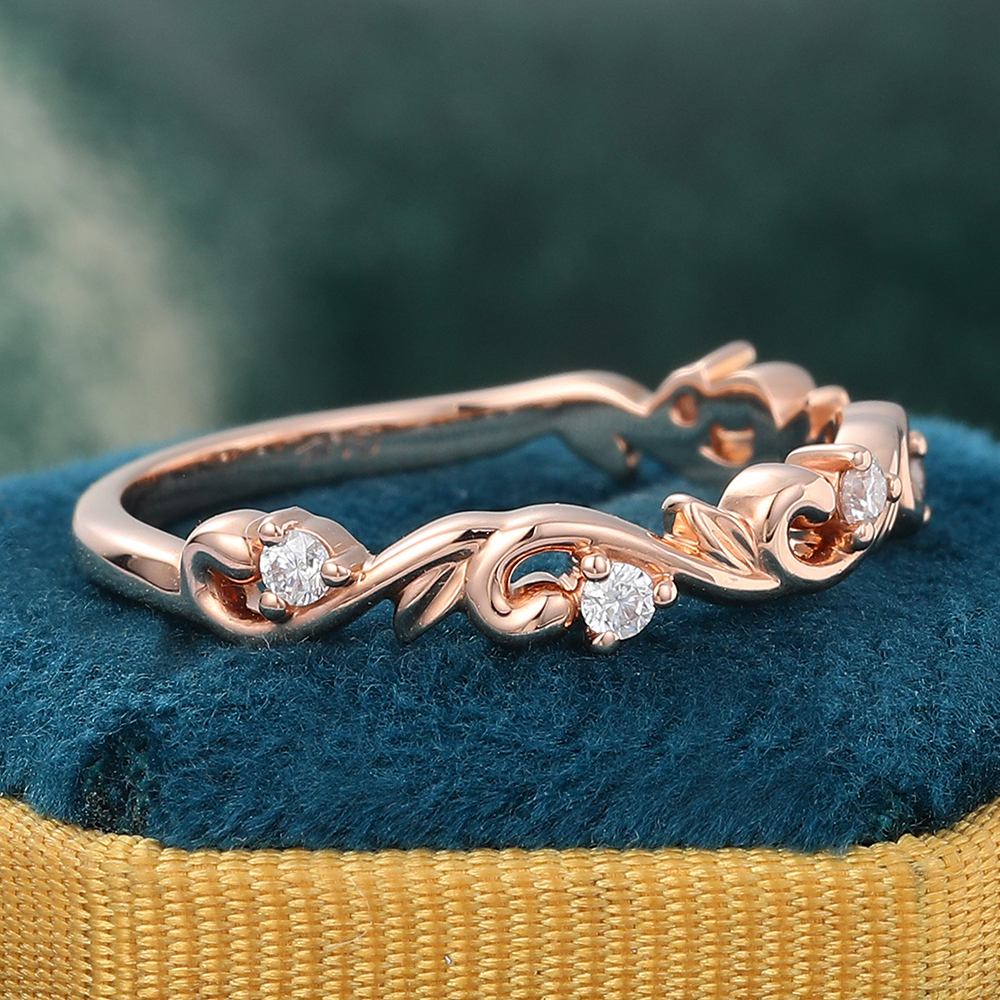 Juyoyo Round Cut Natural Diamond Rose Gold Leaf Shaped Unique Anniversary Wedding Band