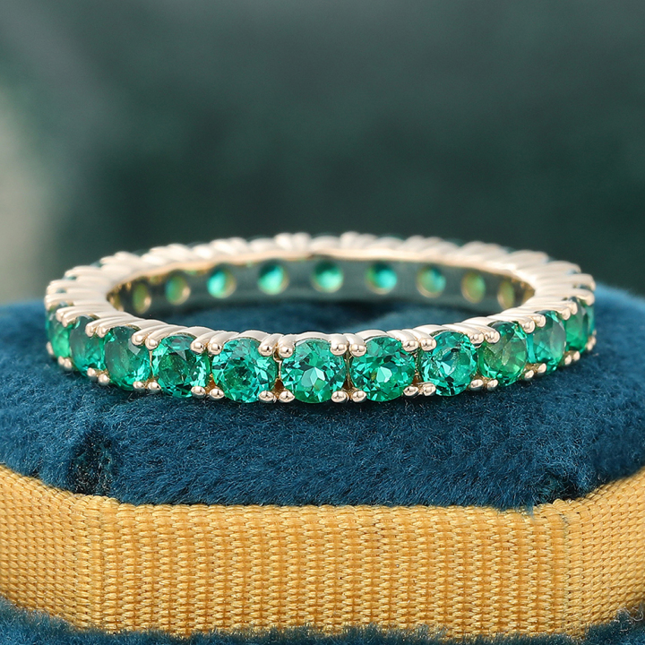 Round Cut Emerald Wedding Ring Vintage Yellow Gold Eternity Wedding Band