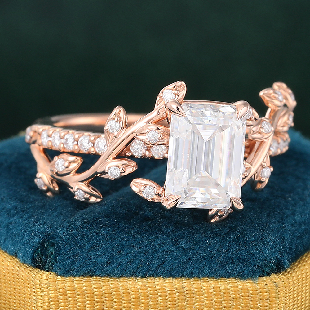 Juyoyo Emerald Cut Moissanite Engagement Ring Garden-Themed Nature Inspired Anniversary Promise Ring