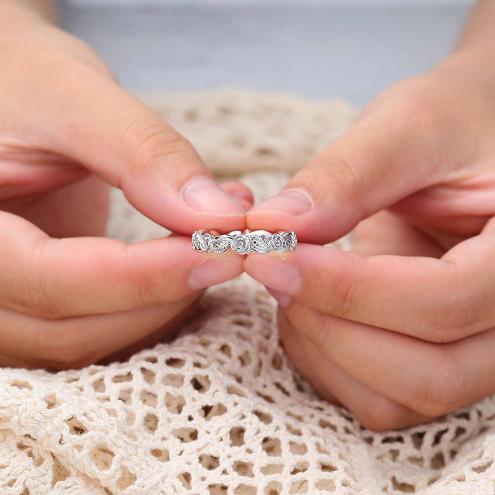 Juyoyo White Gold Simple Matching Wedding Band Foliage Stacking Ring Nature Inspired Ring