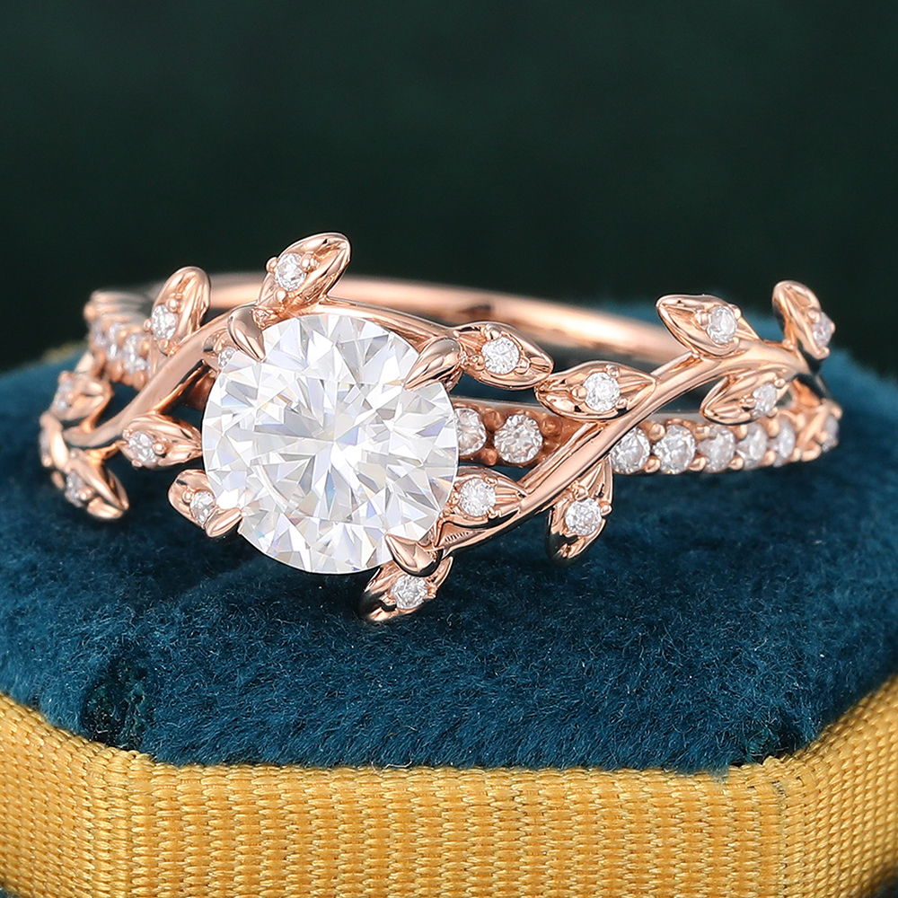 Juyoyo Round Cut Moissanite Nature Inspired Engagement Ring Leaf Garden Inspired Proposal Ring