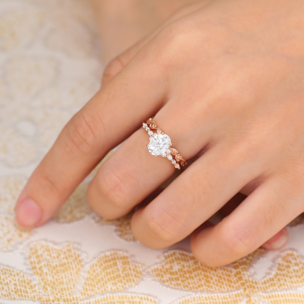 Juyoyo Oval Cut Moissanite Bridal Ring Set Vintage Nature Inspired Engagement Ring Set - 2pcs