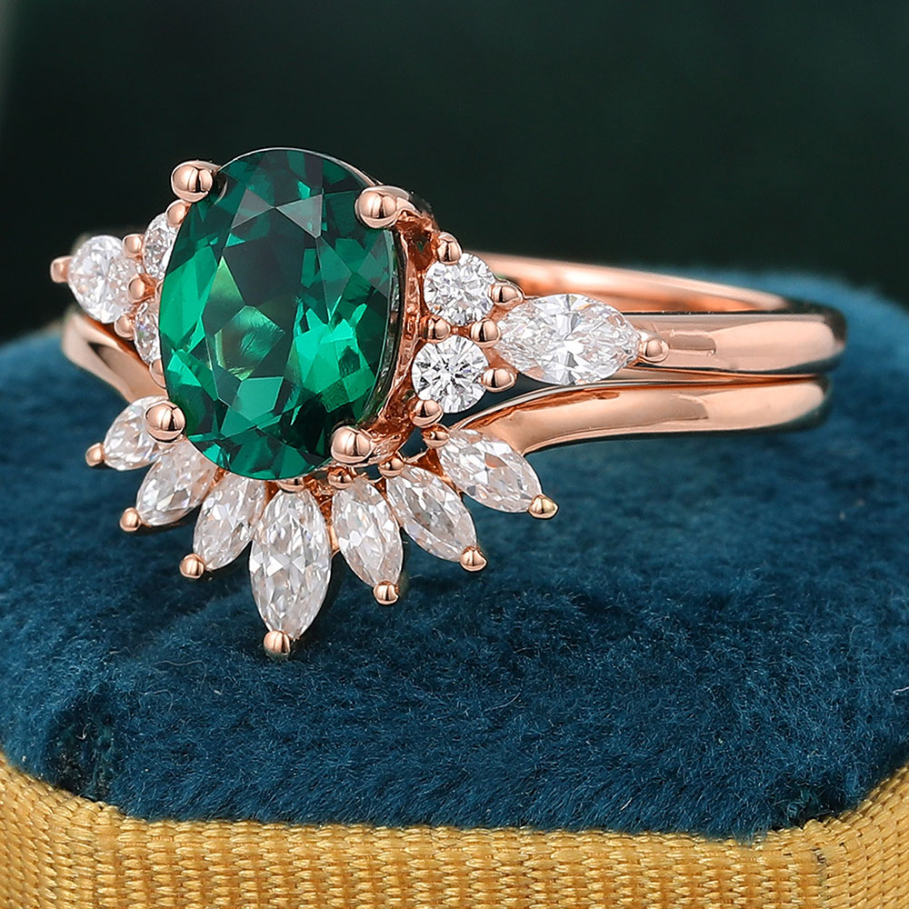 Juyoyo Vintage Oval Cut Emerald Bridal Ring Set Rose Gold Engagement Ring Set for Women
