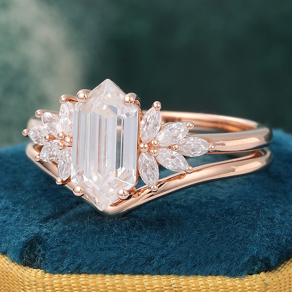 Juyoyo Long Hexagon Cut Moissanite Engagement Ring Set with Solid Band Rose Gold Bridal Set - 2pcs