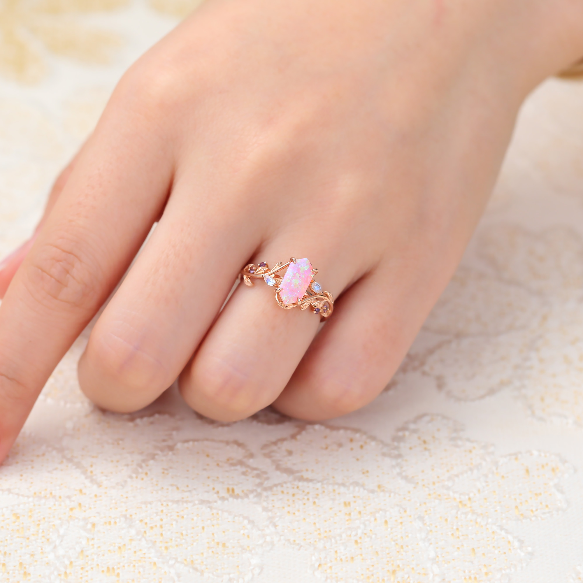 Juyoyo Elongated Hexagon Cut Pink Opal Engagement Ring Nature Inspired Bridal Ring Rose Gold