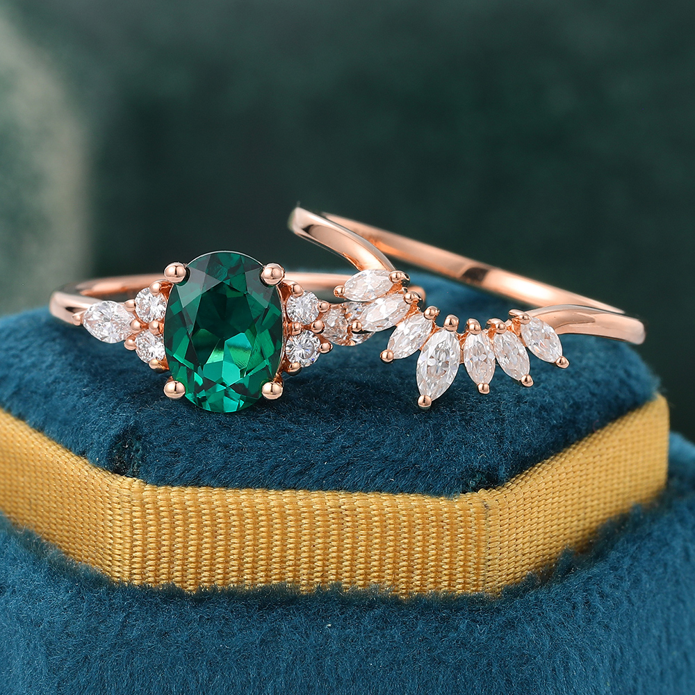 Juyoyo Vintage Oval Cut Emerald Bridal Ring Set Rose Gold Engagement Ring Set for Women