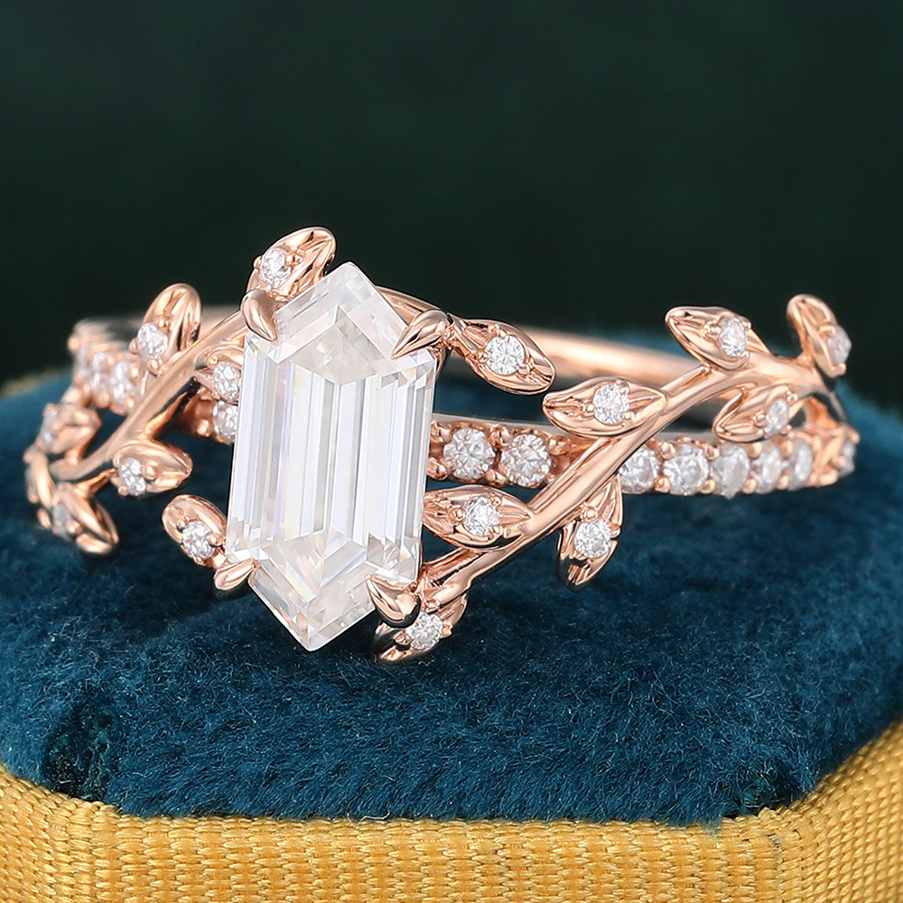 Juyoyo Long Hexagon Cut Moissanite Nature Inspired Engagement Ring Garden-Themed Anniversary Ring