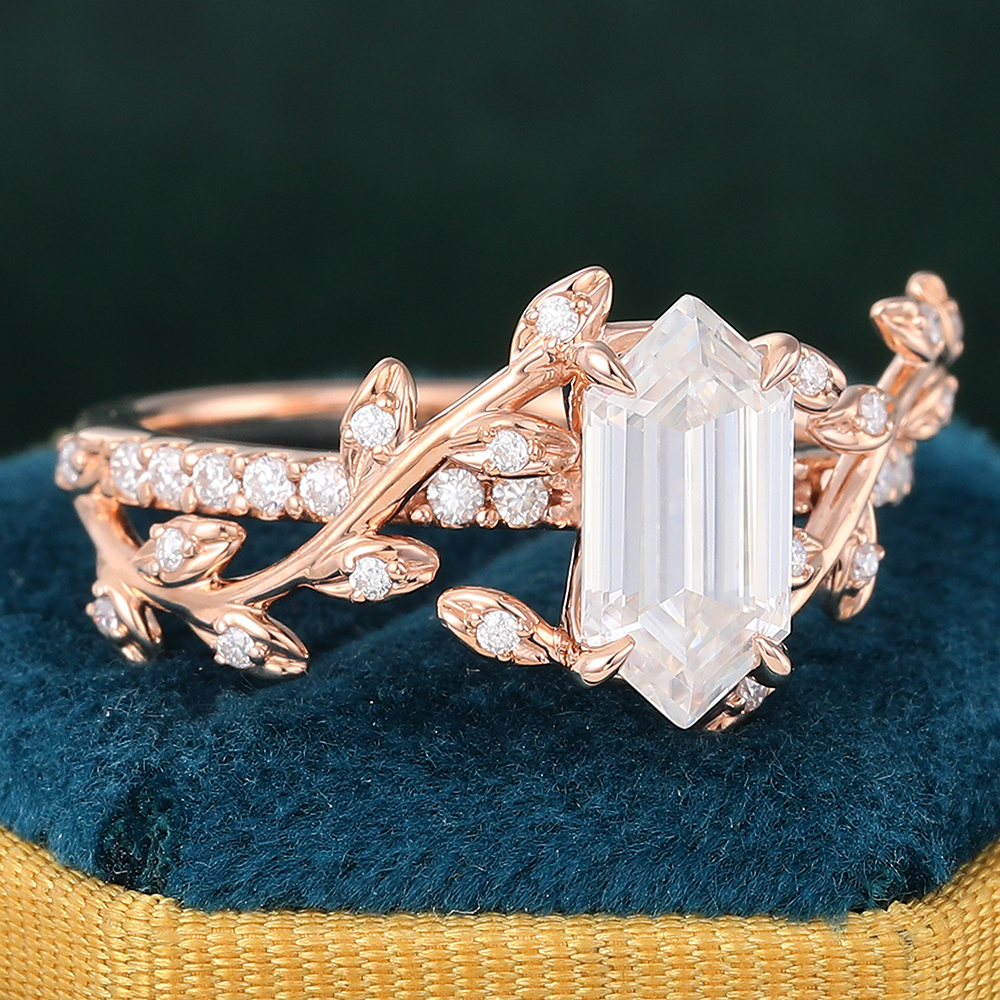 Juyoyo Long Hexagon Cut Moissanite Nature Inspired Engagement Ring Garden-Themed Anniversary Ring