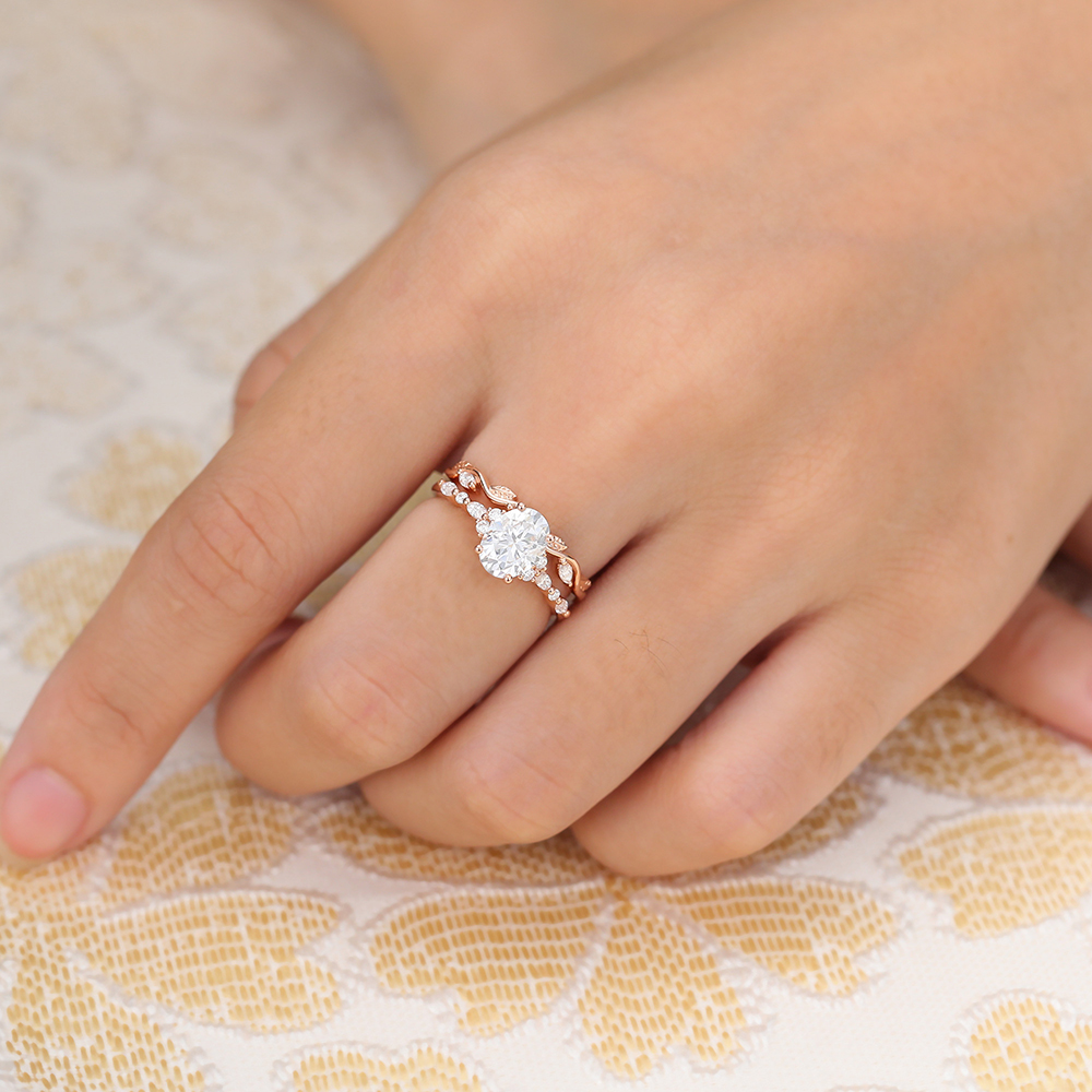 Juyoyo Oval Moissanite Bridal Ring Set Vintage Wedding Ring Set Inspired by Nature - 2pcs