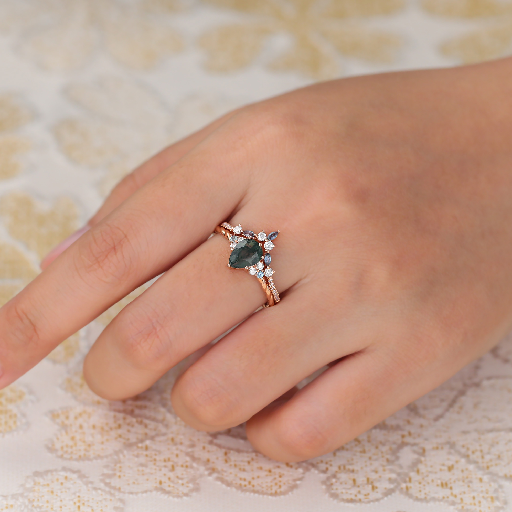 Juyoyo Moss Agate & Moissanite & Alexandrite Bridal Ring Set Affordable Wedding Set -2pcs