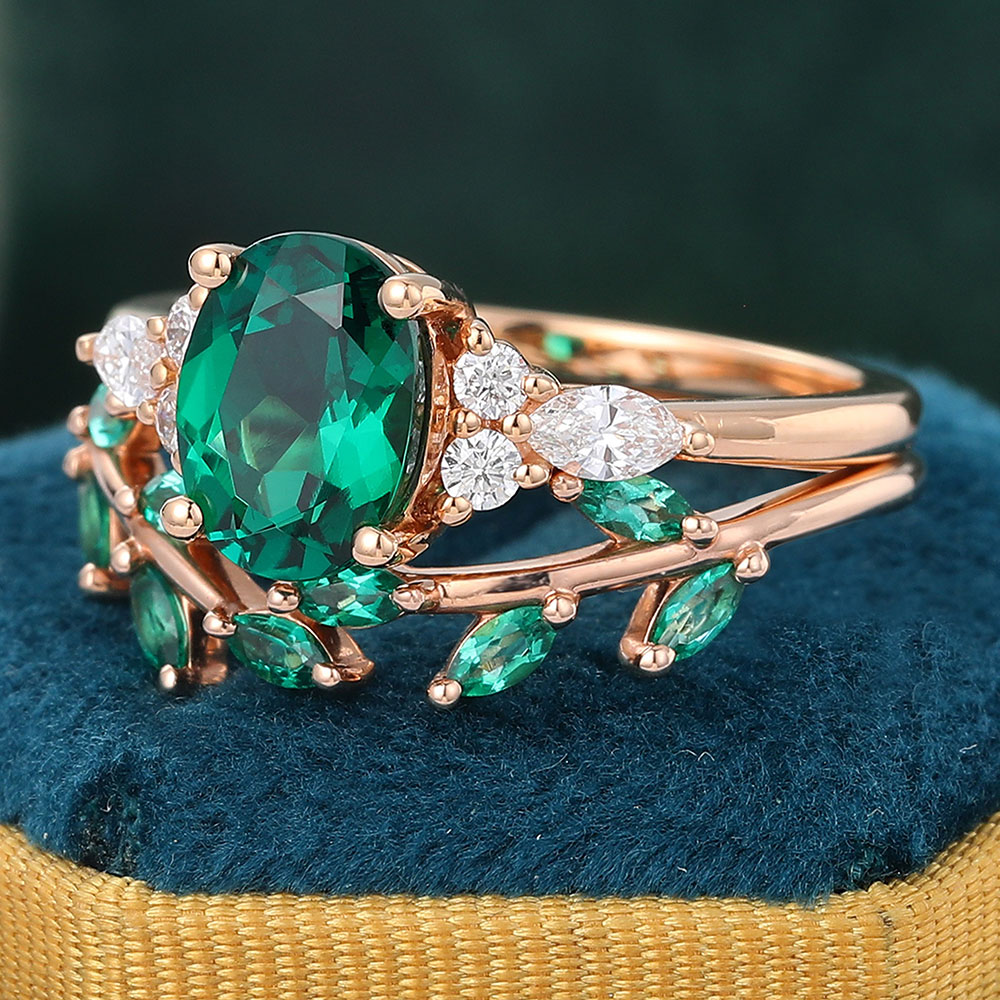 Juyoyo Oval Emerald Engagement Ring Set Cluster Bridal Set Nature Inspired Wedding Band Rose Gold