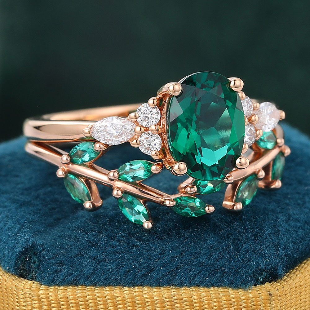 Juyoyo Oval Emerald Engagement Ring Set Cluster Bridal Set Nature Inspired Wedding Band Rose Gold