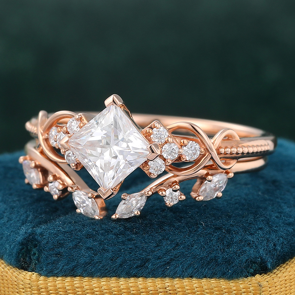 Juyoyo Princess Cut Moissanite Engagement Ring Set with Nature Inspired Engagement Ring Rose Gold
