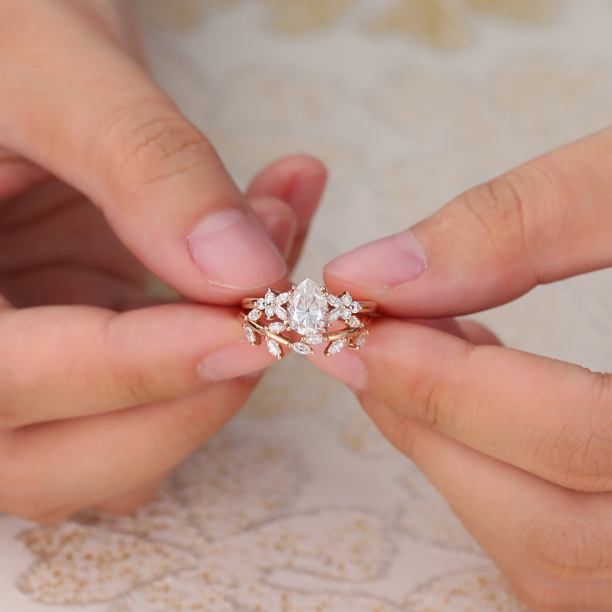 Juyoyo Pear Shaped Moissanite Bridal Ring Set Leaf Nature Inspired Engagement Ring Set Rose Gold