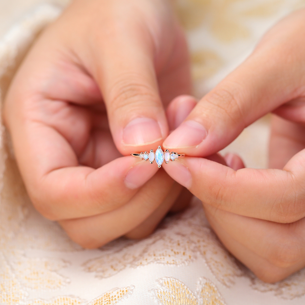 Juyoyo Dainty Marquise Cut Moonstone and Opal Decor Ring for Women