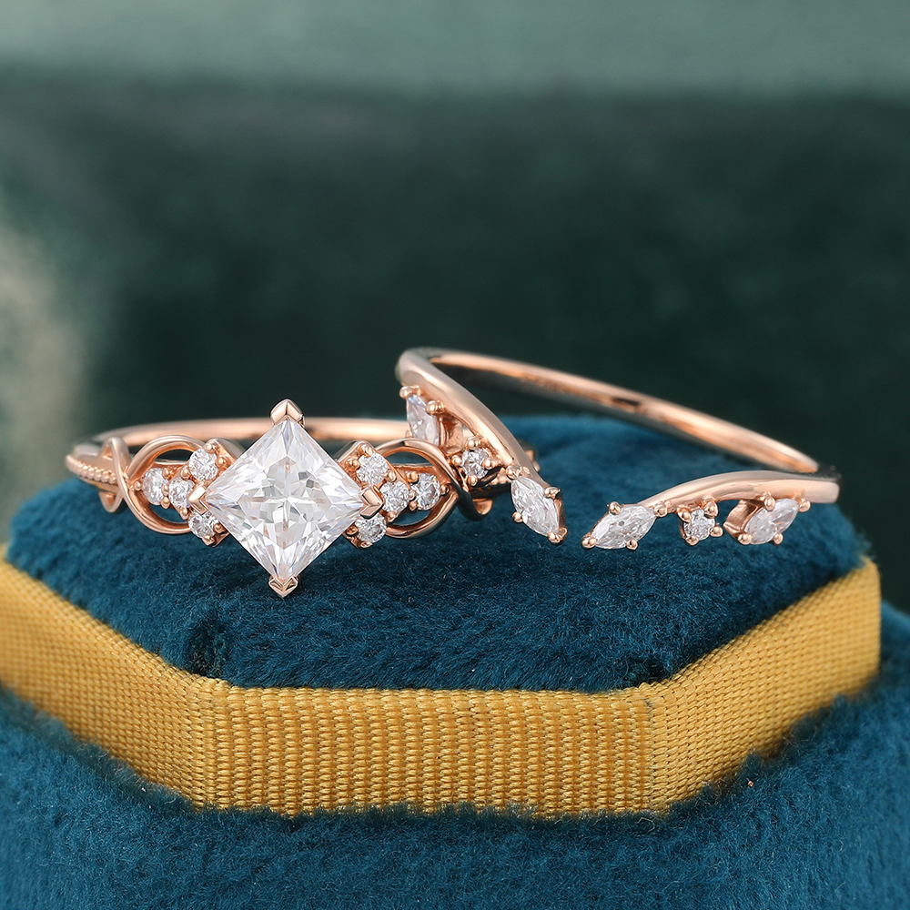 Juyoyo Princess Cut Moissanite Engagement Ring Set with Nature Inspired Engagement Ring Rose Gold