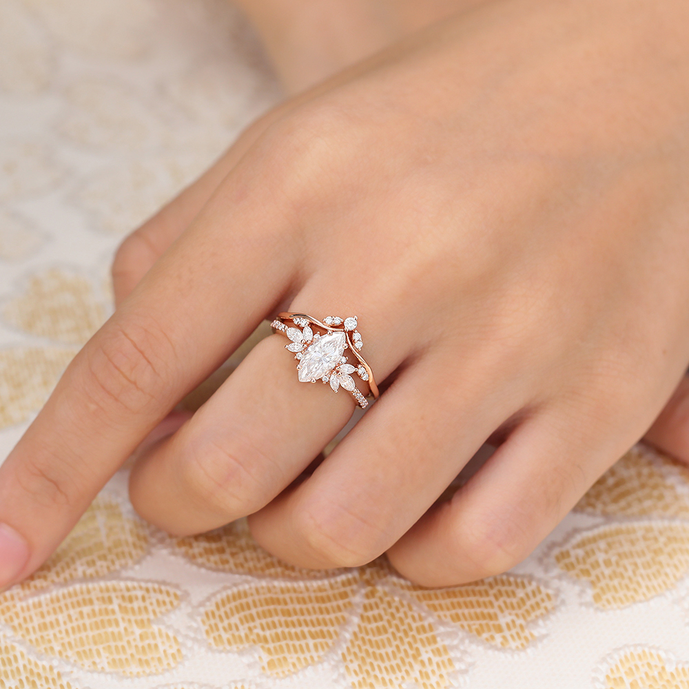 Juyoyo Marquise Cut Moissanite Wing Bridal Ring Set 14K Rose Gold Wedding Anniversary Ring - 2pcs