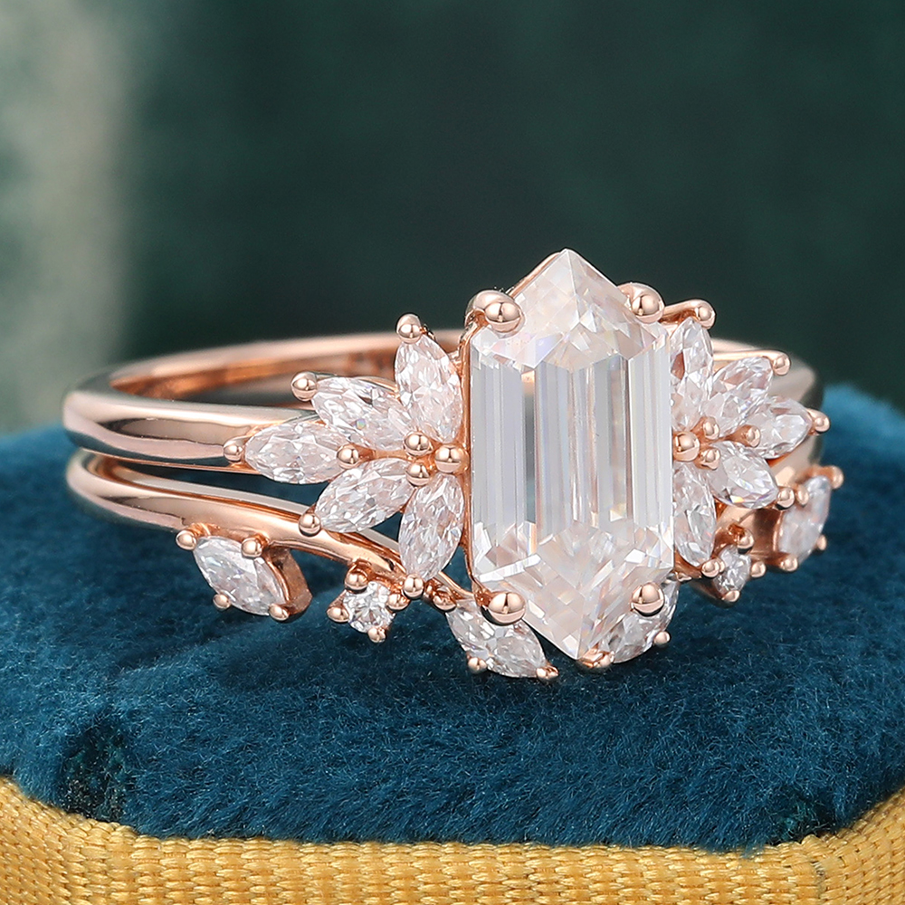 Juyoyo Long Hexagon Cut Moissanite Bridal Ring Set Vintage Diamond Engagement Ring Set Rose Gold - 2pcs