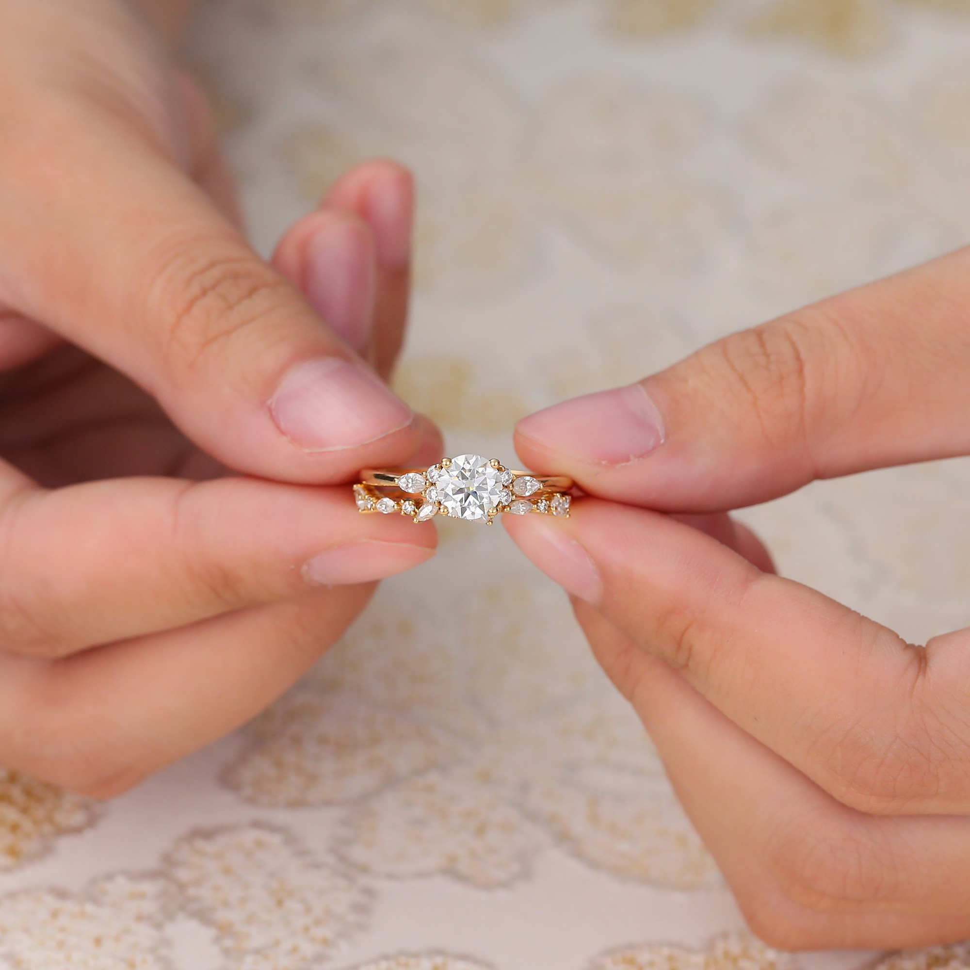 Juyoyo Unique Round Cut Moissanite Wedding Ring Set Vintage Diamond Cluster Ring Yellow Gold