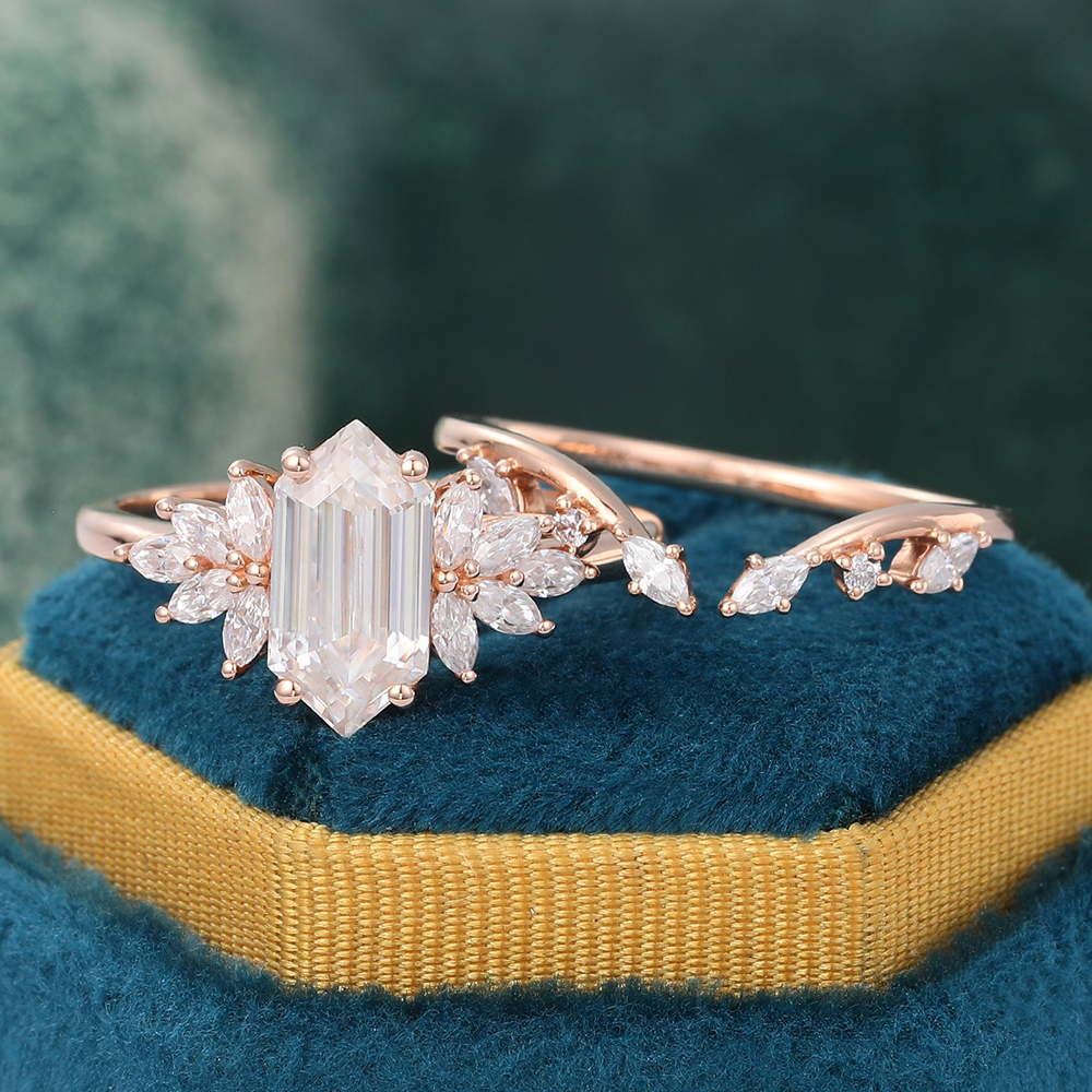 Juyoyo Long Hexagon Cut Moissanite Bridal Ring Set Vintage Diamond Engagement Ring Set Rose Gold - 2pcs