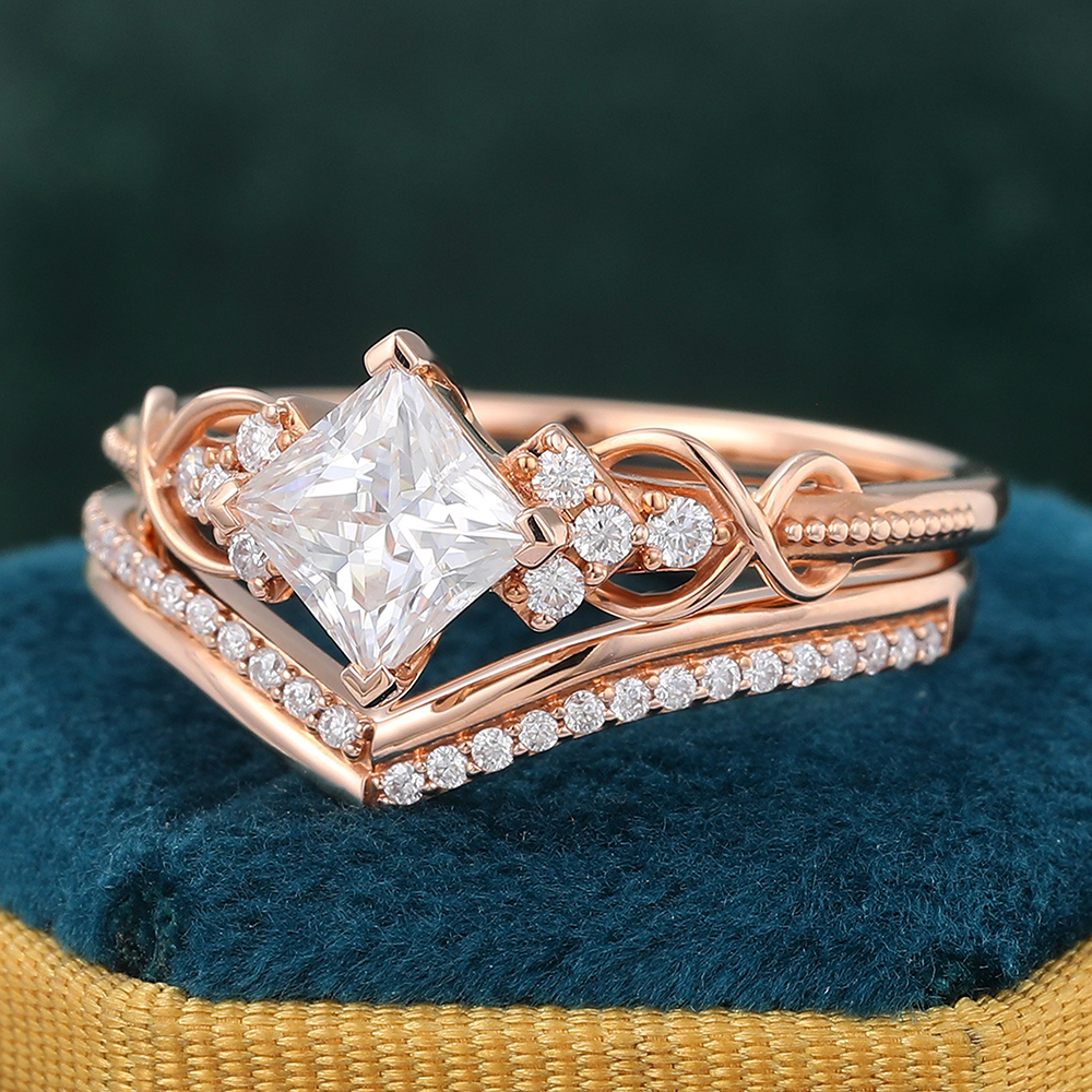 Juyoyo Princess Cut Moissanite Ring Set with Stackable Curved Matching Wedding Band Bridal Set