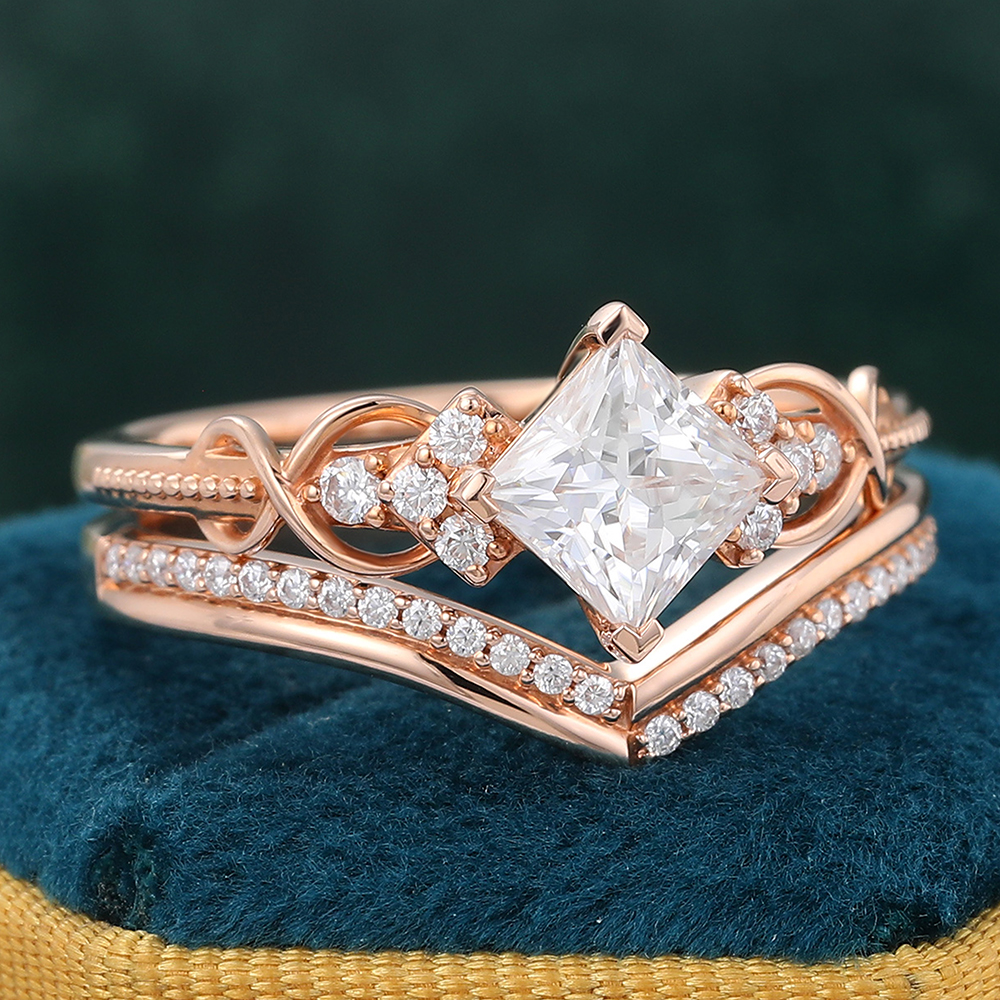 Juyoyo Princess Cut Moissanite Ring Set with Stackable Curved Matching Wedding Band Bridal Set