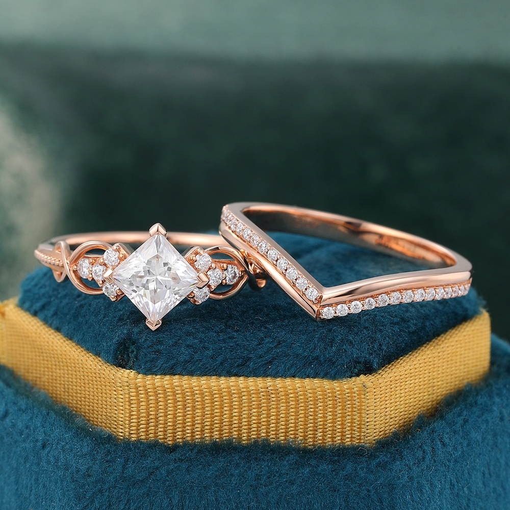 Juyoyo Princess Cut Moissanite Ring Set with Stackable Curved Matching Wedding Band Bridal Set